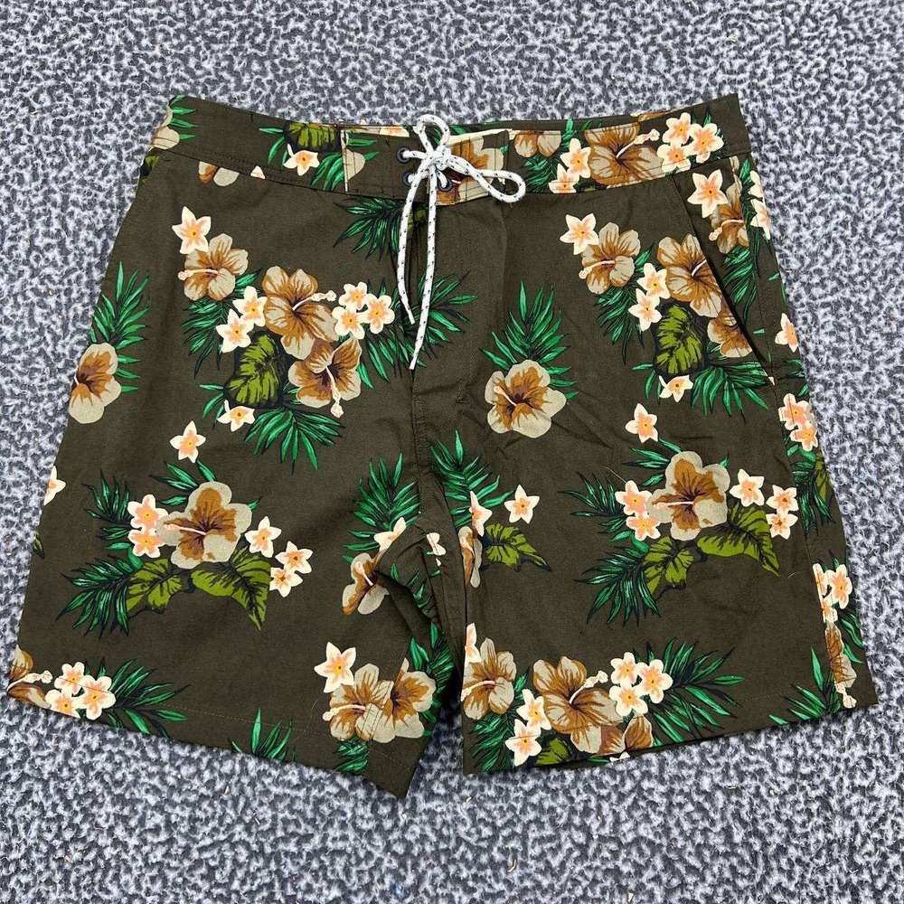 J. Crew Board Shorts Men 32 Original Swimwear Olive Green Floral Hibiscus Print